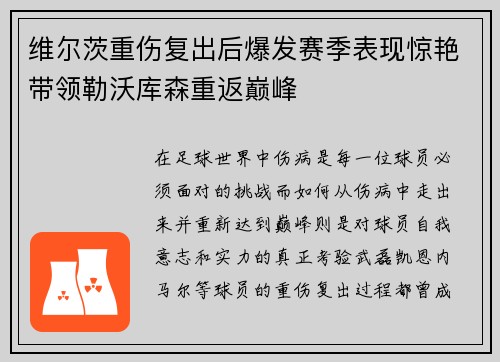 维尔茨重伤复出后爆发赛季表现惊艳带领勒沃库森重返巅峰 维尔茨重伤复出后爆发赛季表现惊艳带领勒沃库森重返巅峰