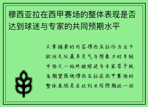 穆西亚拉在西甲赛场的整体表现是否达到球迷与专家的共同预期水平 穆西亚拉在西甲赛场的整体表现是否达到球迷与专家的共同预期水平